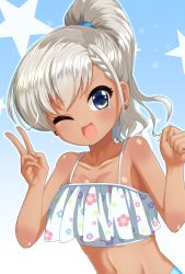 Rule 34 | 1girl, ;d, bare arms, bare shoulders, bikini, blue background, blue eyes, blush, braid, braided bangs, collarbone, commentary request, earrings, floral print, flower earrings, gradient background, grey hair, hands up, high ponytail, highres, hisakawa hayate, idolmaster, idolmaster cinderella girls, jewelry, long hair, looking at viewer, one eye closed, open mouth, ponytail, print bikini, smile, solo, star (symbol), starry background, swimsuit, tan, unadon (unadoom), upper body, v, white background, white bikini