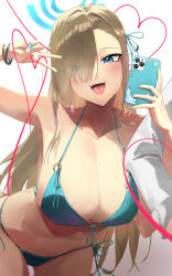 Rule 34 | 1girl, :d, absurdres, asuna (blue archive), bikini, blue archive, blue bikini, blue eyes, blue nails, breasts, cellphone, cleavage, doroti., eyes visible through hair, hair over one eye, halo, halterneck, highres, holding, holding phone, large breasts, leaning forward, light brown hair, long hair, looking at viewer, mole, mole on breast, nail polish, o-ring, o-ring bikini, open mouth, phone, simple background, smartphone, smile, solo, string bikini, swimsuit, tongue, tongue out, very long hair
