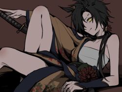 Rule 34 | 1girl, air shakur (umamusume), animal ears, black hair, bracer, chest sarashi, closed mouth, commentary, cosplay, eyebrow piercing, feet out of frame, hadanugi dousa, hair over one eye, highres, horse ears, japanese clothes, katana, kimono, knee up, long hair, looking at viewer, obi, open clothes, open kimono, parted bangs, piercing, rokumijio maru, sarashi, sash, sitting, solo, sword, symbol-only commentary, symboli rudolf (archer of the white moon) (umamusume), symboli rudolf (umamusume), symboli rudolf (umamusume) (cosplay), umamusume, weapon, yellow eyes, yellow kimono