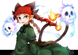 Rule 34 | 1girl, :3, animal ear fluff, animal ears, black border, black ribbon, blue fire, blunt bangs, border, braid, breasts, cat ears, cat tail, cowboy shot, dress, extra ears, fangs, fire, flame-tipped tail, flaming skull, floating hair, floating skull, frills, green dress, hair ribbon, hitodama, juliet sleeves, kaenbyou rin, long sleeves, looking at viewer, multiple tails, nekomata, outside border, parted lips, pointy ears, puffy sleeves, red eyes, red hair, ribbon, simple background, small breasts, smile, solo, tail, touhou, twin braids, twintails, two tails, v-shaped eyebrows, white background, wide sleeves, yutori (inu-hito)