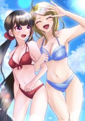 Rule 34 | 2girls, :d, ahoge, akamatsu kaede, arm up, bare arms, bare shoulders, bikini, blonde hair, blue bikini, bow, breasts, cleavage, closed eyes, collarbone, danganronpa (series), danganronpa s: ultimate summer camp, danganronpa v3: killing harmony, day, fortissimo, hair ornament, harukawa maki, highres, locked arms, long hair, looking at another, low twintails, medium breasts, multiple girls, musical note, musical note hair ornament, navel, official alternate costume, open mouth, red bikini, red bow, satori (aosky9077), scrunchie, smile, stomach, sun, swimsuit, twintails