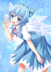 Rule 34 | 1girl, absurdres, blue eyes, blue hair, blue theme, blush, bow, cirno, female focus, gradient background, hair bow, highres, leaning forward, matching hair/eyes, solo, teeth, tomifumi, touhou, upper teeth only, wings
