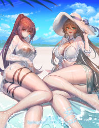 Rule 34 | 2girls, ass, bad id, bad pixiv id, beach, bikini, bikini under clothes, black one-piece swimsuit, blunt bangs, breasts, brown bikini, brown hair, cleavage, cloud, cloudy sky, commentary request, day, girls&#039; frontline, green eyes, hair ribbon, hair rings, half updo, hat, hat ribbon, large breasts, long hair, mountain, multiple girls, official alternate costume, one-piece swimsuit, outdoors, palms, ponytail, purple hair, red eyes, ribbon, sidelocks, sky, springfield (girls&#039; frontline), springfield (stirring mermaid) (girls&#039; frontline), suerte, sun hat, swimsuit, title, very long hair, wa2000 (girls&#039; frontline), wa2000 (op. manta ray) (girls&#039; frontline), water, wet, wet clothes, white bikini