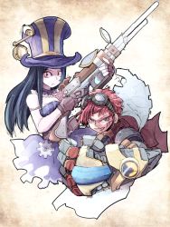 Rule 34 | 2girls, blue eyes, blue hair, breasts, caitlyn (league of legends), citolo, goggles, goggles on head, gun, hat, league of legends, long hair, looking at viewer, multiple girls, red hair, rifle, short hair, shoulder pads, smile, vi (league of legends), weapon