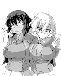 Rule 34 | 10s, 2girls, absurdres, andou (girls und panzer), angry, arm around neck, bc freedom military uniform, grabbing another&#039;s breast, breasts, cellphone, cheek pinching, closed mouth, commentary request, dark-skinned female, dark skin, dress shirt, frown, girls und panzer, grabbing, greyscale, high collar, highres, holding, holding phone, jacket, large breasts, long sleeves, looking away, medium hair, military, military uniform, monochrome, multiple girls, oshida (girls und panzer), parted lips, phone, pinching, pleated skirt, shanaharuhi, shirt, skirt, smartphone, standing, uniform, upper body, v-shaped eyebrows, vest, yuri