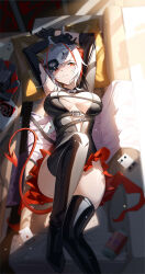 Rule 34 | 1girl, absurdres, ambience synesthesia, antenna hair, arknights, arms up, black footwear, black gloves, black thighhighs, boots, breasts, card, couch, cuffs, demon girl, demon horns, demon tail, eye mask, gloves, grey hair, handcuffs, highres, horns, large breasts, looking at viewer, lying, on back, on couch, red eyes, shenqi xiao hong zai nali, short hair, smile, solo, tail, thigh boots, thighhighs, w (arknights), w (wanted) (arknights)