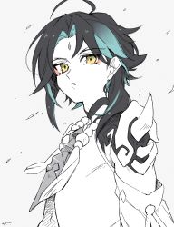 Rule 34 | 1boy, ahoge, bead necklace, beads, eyeshadow, facial mark, forehead mark, genshin impact, green hair, greyscale, highres, homare (g hmr88), jewelry, makeup, male focus, monochrome, necklace, parted lips, red eyeshadow, signature, simple background, sketch, solo, spot color, tassel, upper body, xiao (genshin impact), yellow eyes