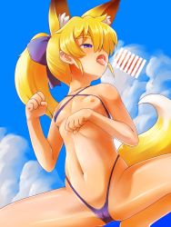 Rule 34 | 1girl, after fellatio, animal ears, bikini, blonde hair, breasts, cameltoe, cum, day, fox ears, fox tail, highres, hinokara (backfire02), micro bikini, nipples, open mouth, original, outdoors, paw pose, penis, small breasts, solo focus, spread legs, squatting, swimsuit, tail, tongue, tongue out