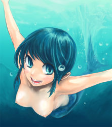 Rule 34 | 1girl, :d, blue background, blue eyes, blue hair, breasts, bubble, completely nude, looking at viewer, matching hair/eyes, mermaid, monster girl, nipples, nude, nudist, okamocheese, open mouth, original, outstretched arms, perspective, scales, short hair, skinny dipping, small breasts, smile, solo, spread arms, swimming, underwater, zenra