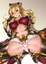 Rule 34 | 10s, 1girl, adapted costume, anus, armor, armored boots, ass, blonde hair, blush, boots, bow, breasts, breasts apart, covered erect nipples, from above, gloves, gradient background, granblue fantasy, hair bow, high heel boots, high heels, huge breasts, long hair, lying, navel, nipples, on back, partially visible vulva, shadow, smile, solo, spread ass, spread legs, takeda aranobu, thigh boots, thighhighs, vira (granblue fantasy), yellow eyes