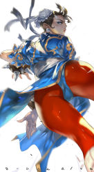 Rule 34 | 1girl, absurdres, ass, blue dress, blue eyes, boots, bracelet, braveking, brown eyes, brown hair, brown pantyhose, bun cover, capcom, china dress, chinese clothes, chun-li, crotch, double bun, dress, earrings, from below, hair bun, highres, jewelry, looking back, muscular, pantyhose, parted lips, pelvic curtain, pink lips, puffy short sleeves, puffy sleeves, sash, short sleeves, side slit, solo, spiked bracelet, spikes, street fighter, thick thighs, thighs, unitard, white footwear