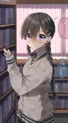 Rule 34 | 1girl, :o, black hair, blush, book, bookshelf, braid, cardigan, collared shirt, commentary request, curtains, day, diagonal-striped clothes, diagonal-striped necktie, diagonal-striped neckwear, grey cardigan, grey skirt, hair between eyes, hair ornament, hairclip, hand up, highres, indoors, library, long hair, long sleeves, looking at viewer, low twintails, necktie, original, parted lips, pentagon (railgun ky1206), pleated skirt, purple eyes, shirt, skirt, sleeves past wrists, solo, striped clothes, striped necktie, striped neckwear, translation request, twin braids, twintails, very long hair, white shirt, window