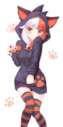 Rule 34 | 1girl, absurdres, animal ears, animal hood, bitseon, black thighhighs, blunt bangs, blush, breasts, brown eyes, cat ears, cat hood, claws, commentary, facial mark, fake animal ears, feet out of frame, highres, hood, hood up, hoodie, hoodie tug, long sleeves, looking at viewer, medium breasts, multicolored hair, orange thighhighs, paw print, red hair, solo, standing, striped clothes, striped thighhighs, summoners war, thick eyebrows, thighhighs, two-tone legwear, whisker markings, white hair, zettai ryouiki