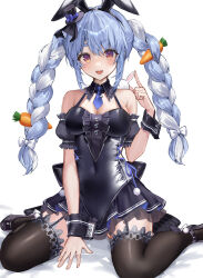 Rule 34 | 1girl, :d, alternate costume, animal ears, bare shoulders, black dress, black headwear, black thighhighs, blue hair, braid, breasts, carrot hair ornament, cleavage, commentary request, covered navel, don-chan (usada pekora), dress, fake animal ears, food-themed hair ornament, garter straps, hair ornament, hat, highres, hololive, long hair, looking at viewer, medium breasts, mini hat, mini top hat, multicolored hair, open mouth, rabbit ears, rabbit girl, raiya atelier, red eyes, short eyebrows, sidelocks, simple background, sitting, smile, teeth, thighhighs, top hat, twin braids, twintails, two-tone hair, upper teeth only, usada pekora, usada pekora (furi furi bunny dress), virtual youtuber, wariza, white background, white hair, wrist cuffs