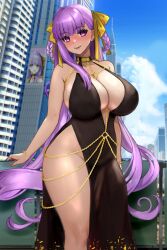 1girl absurdres bare_shoulders bb_(fate) bb_dubai_(fate) belly_chain black_dress blue_sky blush braid braided_hair_rings breasts building center_opening cleavage dress fate/grand_order fate_(series) hair_ribbon highres jewelry large_breasts long_hair looking_at_viewer nail_polish necklace purple_eyes purple_hair raskasar ribbon side_slit sky skyscraper smile solo thighs twin_braids very_long_hair yellow_ribbon