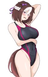 Rule 34 | 1girl, alternate costume, animal ears, arm under breasts, arm up, armpits, bare shoulders, black one-piece swimsuit, blush, bow, braid, breasts, brown hair, commentary request, competition swimsuit, covered navel, ear bow, ears down, french braid, frown, hair between eyes, highleg, highleg one-piece swimsuit, highleg swimsuit, highres, horse ears, horse girl, horse tail, large breasts, miya nns35, multicolored hair, one-piece swimsuit, open mouth, purple eyes, short hair, simple background, solo, special week (umamusume), streaked hair, swimsuit, tail, umamusume, white background, white hair