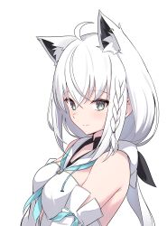 1girl absurdres ahoge animal_ear_fluff animal_ears aqua_eyes bare_shoulders blue_neckerchief braid breasts detached_sleeves fox_ears fox_girl highres hololive kumarang long_hair looking_at_viewer low-tied_long_hair medium_breasts neckerchief shirakami_fubuki shirakami_fubuki_(1st_costume) side_braid single_braid solo virtual_youtuber white_hair