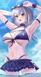 Rule 34 | 1girl, :d, adjusting eyewear, arm behind head, arm strap, armpits, arms up, bikini, bikini skirt, blue bikini, blue sky, blush, breasts, commentary request, cowboy shot, day, eyewear on head, front-tie top, green eyes, highres, hololive, large breasts, looking at viewer, medium hair, navel, open mouth, outdoors, ruka tou, shirogane noel, shirogane noel (summer 2020), silver hair, sky, smile, solo, standing, stomach, sunglasses, swimsuit, underboob, virtual youtuber, wading, wet, white bikini, wrist cuffs