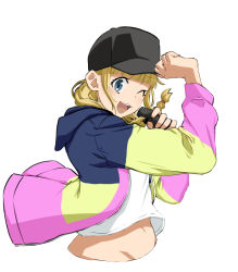 Rule 34 | 1girl, absurdres, baseball cap, black hat, blonde hair, blue eyes, blunt bangs, commentary, cropped torso, english commentary, groin, hand on headwear, hat, highres, holding, holding microphone, jacket, kuroneko (kuroneko3zizi), long hair, long sleeves, looking at viewer, microphone, navel, one eye closed, open clothes, open jacket, open mouth, paripi koumei, shirt, smile, solo, teeth, tsukimi eiko, upper body, upper teeth only, white background, white shirt