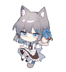 Rule 34 | 1girl, absurdres, alternate costume, animal ears, blue eyes, blunt bangs, borrowed character, cat ears, cat girl, cat tail, chibi, closed mouth, collared shirt, cup, enmaided, fate (series), full body, hair ornament, hair ribbon, hairclip, highres, holding, holding tray, idass (idass16), long sleeves, maid, medusa (fate), necktie, nekomata, original, pocket, ribbon, shirt, simple background, solo, spilling, tail, teacup, tray, white background, white legwear