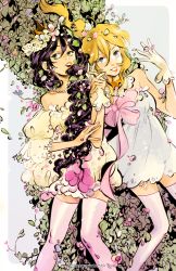 Rule 34 | 10s, 2girls, ayase eli, black hair, blonde hair, border, bow, detached sleeves, dress, flower, gloves, gradient background, green eyes, grey eyes, holding hands, leaf, leslie hung, lipstick, long hair, love live!, love live! school idol project, makeup, multiple girls, outside border, plant, smile, strapless, strapless dress, thighhighs, tojo nozomi, very long hair, watermark, web address, white dress, white gloves, yellow dress, zettai ryouiki
