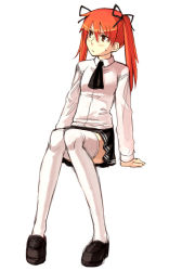 Rule 34 | 1girl, arm support, ascot, blush, brown eyes, hair ribbon, leaning to the side, long sleeves, orange hair, red hair, ribbon, simple background, sitting, solo, sweatdrop, thighhighs, twintails, white background, yu 65026