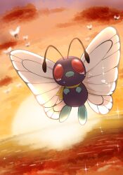 Rule 34 | absurdres, butterfree, cloud, commentary request, creatures (company), crying, fangs, game freak, gen 1 pokemon, highres, nintendo, no humans, outdoors, pokemon, pokemon (anime), pokemon (classic anime), pokemon (creature), red eyes, scarf, sky, solo, sun, sunset, tears, tkc (user snjd8547), twilight, yellow scarf
