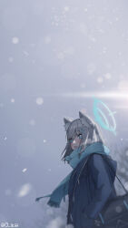 Rule 34 | 1girl, absurdres, acaa, animal ears, bag, blue archive, blue coat, blue eyes, blurry, blush, breath, coat, criss-cross halter, depth of field, grey hair, halo, halterneck, hand in pocket, highres, lens flare, long sleeves, open mouth, outdoors, scarf, school bag, shiroko (blue archive), short hair, snow, solo, twitter username, wolf ears