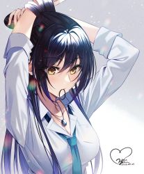 Rule 34 | absurdres, adjusting hair, arms up, black hair, breasts, cleavage, collarbone, commentary request, dated, earrings, green necktie, highres, idolmaster, idolmaster shiny colors, jewelry, large breasts, light blush, long hair, looking away, necklace, necktie, open collar, ponytail, ring, ring necklace, rumeha (aormsj22), shirase sakuya, shirt, sidelocks, signature, sleeves pushed up, solo, tying hair, upper body, white background, white shirt, wing collar, yellow eyes