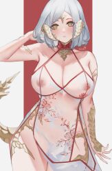 Rule 34 | 1girl, absurdres, breasts, brown eyes, cleavage, commission, cowboy shot, dress, facial mark, forehead mark, grey background, grey hair, highres, horns, large breasts, milephunter, navel, nipples, original, see-through, see-through dress, short hair, solo, tail