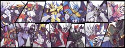 Rule 34 | alphamon, armor, artist name, black border, blonde hair, blue eyes, border, brown hair, cape, commentary request, covered eyes, craniummon, digimon, digimon (creature), dragon, dragon horns, duftmon, dukemon, dynasmon, examon, fangs, gankoomon, glowing, glowing eyes, green eyes, highres, holding, holding polearm, holding shield, holding weapon, horns, jesmon, looking at viewer, lordknightmon, magnamon, mecha, no humans, omegamon, partial commentary, pink eyes, polearm, purple hair, red cape, red eyes, robot, ryo@, shield, sleipmon, ulforcev-dramon, upper body, weapon, white cape, yellow eyes