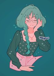 Rule 34 | 1girl, aqua hair, artist name, bad id, bad twitter id, closed eyes, cropped legs, glasses, green background, hand on own cheek, hand on own face, jewelry, long sleeves, meyoco, midorikawa lettuce, necklace, ponytail, simple background, smile, solo, sparkle, tokyo mew mew
