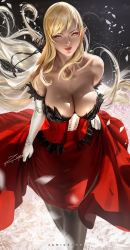 Rule 34 | 1girl, artist name, bare shoulders, black pantyhose, blonde hair, breasts, cleavage, collarbone, dress, elbow gloves, falling feathers, feathers, gloves, kiss-shot acerola-orion heart-under-blade, kizumonogatari, large breasts, long hair, looking at viewer, monogatari (series), oshino shinobu, pantyhose, parted lips, pointy ears, red dress, skirt, standing, strapless, strapless dress, swept bangs, vampire, very long hair, white gloves, yellow eyes, zumi (zumidraws)