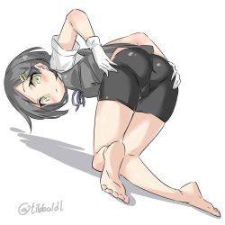 Rule 34 | 10s, 1girl, ass, bad id, bad twitter id, bare legs, barefoot, bent over, bike shorts, black hair, black vest, blue ribbon, blush, closed mouth, ebifurya, eyebrows, from behind, frown, full body, gloves, hair ornament, hairclip, highres, inactive account, kantai collection, kneeling, kuroshio (kancolle), looking back, neck ribbon, partially visible vulva, ribbon, shadow, shirt, short hair, short sleeves, simple background, soles, solo, twitter username, vest, white background, white gloves, white shirt, yellow eyes