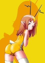 Rule 34 | 1girl, ass, blush, brown hair, chidejika, japan commercial broadcasters association, looking back, masamurai, pointy ears, red eyes, shadow, simple background, solo, tail, thighhighs