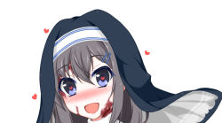 Rule 34 | 1girl, :d, alternate costume, black hair, blue eyes, blush, burn scar, dorei to no seikatsu ~teaching feeling~, habit, hair between eyes, hair ornament, hairclip, heart, heart-shaped pupils, long hair, looking at viewer, nose blush, nun, open mouth, portrait, scar, simple background, smile, solo, sylvie (dorei to no seikatsu), symbol-shaped pupils, takahiko, white background