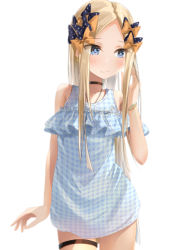 Rule 34 | 1girl, abigail williams (fate), bare shoulders, black bow, black dress, blonde hair, blue eyes, blush, bow, breasts, choker, closed mouth, dress, fate/grand order, fate (series), forehead, hair bow, long hair, looking to the side, multiple hair bows, orange bow, parted bangs, plaid, plaid dress, polka dot, polka dot bow, sakazakinchan, small breasts, thighs