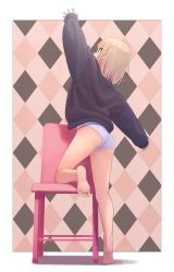 Rule 34 | 1girl, argyle, argyle background, argyle clothes, arm up, ass, bare legs, barefoot, black shirt, blonde hair, chair, colored inner hair, commentary request, feet, full body, highres, makaino ririmu, multicolored hair, nijisanji, no pants, panties, pink hair, pointy ears, sabamen, shirt, short hair, sleeves past wrists, soles, solo, tiptoes, toes, two-tone hair, underwear, virtual youtuber, white panties