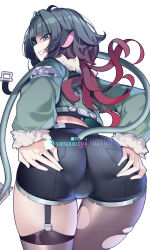 1girl animal_ears ass ass_focus asymmetrical_legwear black_hair black_shorts from_behind green_jacket grin hands_on_own_ass highres hot_vr jacket jane_doe_(zenless_zone_zero) long_hair long_sleeves looking_back mouse_ears multicolored_hair pantyhose red_hair shorts simple_background single_leg_pantyhose single_thighhigh smile solo standing tail thigh_gap thighhighs torn_clothes torn_pantyhose uneven_legwear white_background zenless_zone_zero