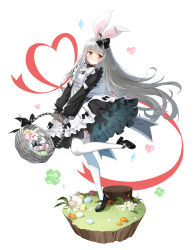 Rule 34 | 1girl, :3, absurdres, animal ears, apron, back bow, basket, black bow, black dress, black footwear, bow, closers, clover, crystal, dress, easter egg, egg, fake animal ears, flower, foot up, four-leaf clover, frilled apron, frilled dress, frills, from side, full body, gloves, grey gloves, grey hair, hair bow, heart, highres, holding, holding basket, long hair, long sleeves, looking to the side, mary janes, mushroom, official art, on grass, puffy long sleeves, puffy sleeves, rabbit ears, red eyes, red ribbon, ribbon, shoes, short dress, solo, standing, standing on one leg, stuffed animal, stuffed rabbit, stuffed toy, tachi-e, thighhighs, tina (closers), tree stump, very long hair, white apron, white background, white bow, white flower, white thighhighs