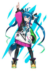 Rule 34 | 1girl, @ @, ahoge, animal ears, arm up, black bodysuit, blue eyes, blue hair, bodysuit, bodysuit under clothes, boots, bow, crossed bangs, drawstring, full body, grin, hair bow, hand on own hip, hashiro, heterochromia, highres, hood, hoodie, horse ears, horse girl, horse tail, legs apart, long hair, looking at viewer, multicolored clothes, multicolored hoodie, pink eyes, pointing, pointing up, sidelocks, smile, solo, standing, striped bow, stuffed animal, stuffed rabbit, stuffed toy, tail, twin turbo (umamusume), twintails, umamusume, very long hair, white background, yellow footwear