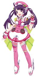 Rule 34 | 1girl, ahoge, boots, bow, dress, fingerless gloves, full body, gloves, hat, long hair, maid, official art, pink footwear, pink theme, pink thighhighs, purple eyes, purple hair, robot ears, smile, solo, thigh boots, thighhighs, tone rion, transparent background, twintails, vocaloid, watanabe akio, white background