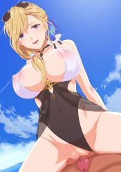 Rule 34 | 1boy, 1girl, akinoya, azur lane, blonde hair, blue eyes, breasts, censored, cleavage, cloud, cloudy sky, covered erect nipples, covered navel, day, dutch angle, eyewear on head, flower, girl on top, grinding, hair flower, hair ornament, hetero, highres, hood (azur lane), hood (lady of the shining sun) (azur lane), large breasts, lips, looking at viewer, medium hair, mosaic censoring, ocean, one-piece swimsuit, open mouth, penis, pov, pussy, sky, straddling, sunglasses, swimsuit