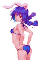 Rule 34 | 1girl, adapted costume, adjusting clothes, adjusting panties, adjusting swimsuit, animal ears, arched back, armpits, ass, bad id, bad pixiv id, bare arms, bare shoulders, bikini, blue bikini, blue hair, blush, braid, breasts, covered erect nipples, cowboy shot, from side, hair ribbon, halterneck, halterneck, highres, long hair, looking at viewer, looking to the side, low twintails, open mouth, panties, rabbit ears, red eyes, red ribbon, ribbon, seiran (touhou), small breasts, solo, sweat, swimsuit, touhou, tress ribbon, twintails, underwear, wet, white background, yonaga (masa07240)