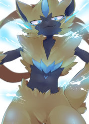 Rule 34 | blue eyes, blurry, claws, closed mouth, commentary request, creatures (company), fang, fang out, furry, game freak, gen 7 pokemon, hand on own hip, highres, legendary pokemon, looking at viewer, momamo, mythical pokemon, nintendo, pokemon, pokemon (creature), smile, solo, yellow fur, zeraora