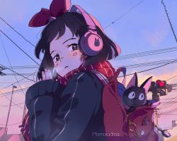 Rule 34 | 1girl, alternate costume, animal, artist name, backpack, bag, black eyes, black hair, black jacket, blush stickers, bow, breath, cat, charm (object), commentary, english commentary, fingernails, hair bow, headphones, highres, jacket, jiji (majo no takkyuubin), kiki (majo no takkyuubin), looking at viewer, majo no takkyuubin, marmaladica, nail polish, pink nails, power lines, red bow, red scarf, scarf, short hair, sky, sleeves past wrists, striped clothes, striped scarf, traffic light