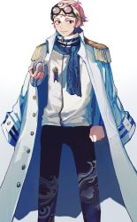 Rule 34 | 1boy, absurdres, black eyes, black pants, clenched hand, coat, coat on shoulders, koby (one piece), den den mushi, epaulettes, eyewear on head, hand up, highres, long sleeves, male focus, marine uniform (one piece), medal, one piece, pants, patterned clothing, patterned hair, pink hair, scar, scar on face, scar on forehead, shirt, short hair, smile, solo, standing, white background, white coat, white shirt, yadu nadu, zipper