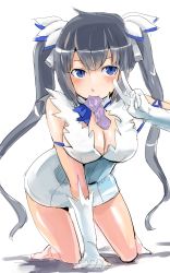 Rule 34 | 10s, 1girl, all fours, barefoot, black hair, blue eyes, breasts, cleavage, cleavage cutout, clothing cutout, condom, condom in mouth, condom packet strip, condom wrapper, dress, dungeon ni deai wo motomeru no wa machigatteiru darou ka, female focus, gloves, hair ornament, hestia (danmachi), highres, large breasts, long hair, looking at viewer, mouth hold, rei no himo, short dress, sinzan, sleeveless, sleeveless dress, solo, twintails, v, very long hair, white dress, white gloves