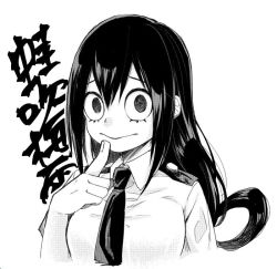 Rule 34 | 10s, 1girl, :&gt;, arms up, asui tsuyu, bad id, bad twitter id, black eyes, black hair, boku no hero academia, breasts, collared shirt, finger to mouth, frog girl, greyscale, hair rings, long hair, looking at viewer, monochrome, necktie, school uniform, shirt, short sleeves, simple background, smile, solo, suzu (tg 390), upper body, white background