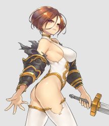 Rule 34 | ass, black knight (granblue fantasy), blush, breasts, brown hair, granblue fantasy, grey background, grey brackground, holding, holding sword, holding weapon, large breasts, leotard, looking at viewer, scaverle (mao), short hair, standing, sword, thighhighs, weapon, white leotard, white thighhighs